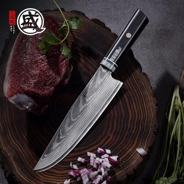MITSUMOTO SAKARI Couteau de cuisine Kiritsuke 20 cm, Couteau de cuisine forgé à la main en acier Damas, Couteau de cuisine japonais en acier HAP40 en poudre(Boutique Boîte en bois)