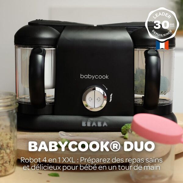 BÉABA, Babycook Duo Robot Bébé 4 en 1 Mixeur-Cuiseur, Cuisson Vapeur rapide 15min, Diversification alimentaire, Petits pots bébé maison, Contenance XXL 2200 ml, Noir
