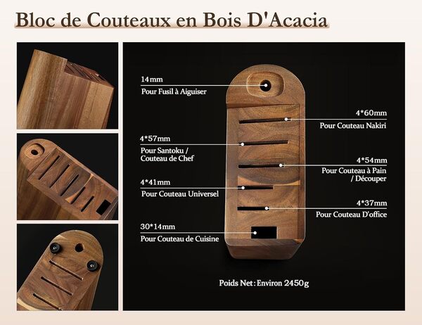 HEZHEN Blocs Couteaux Ensembles de Couteaux de Chef, Set de Couteaux de Cuisine avec Bloc de Couteaux en Bois D'Acacia, Ciseaux de Cuisine en Acier Inoxydable, Avec Fusil à Aiguiser