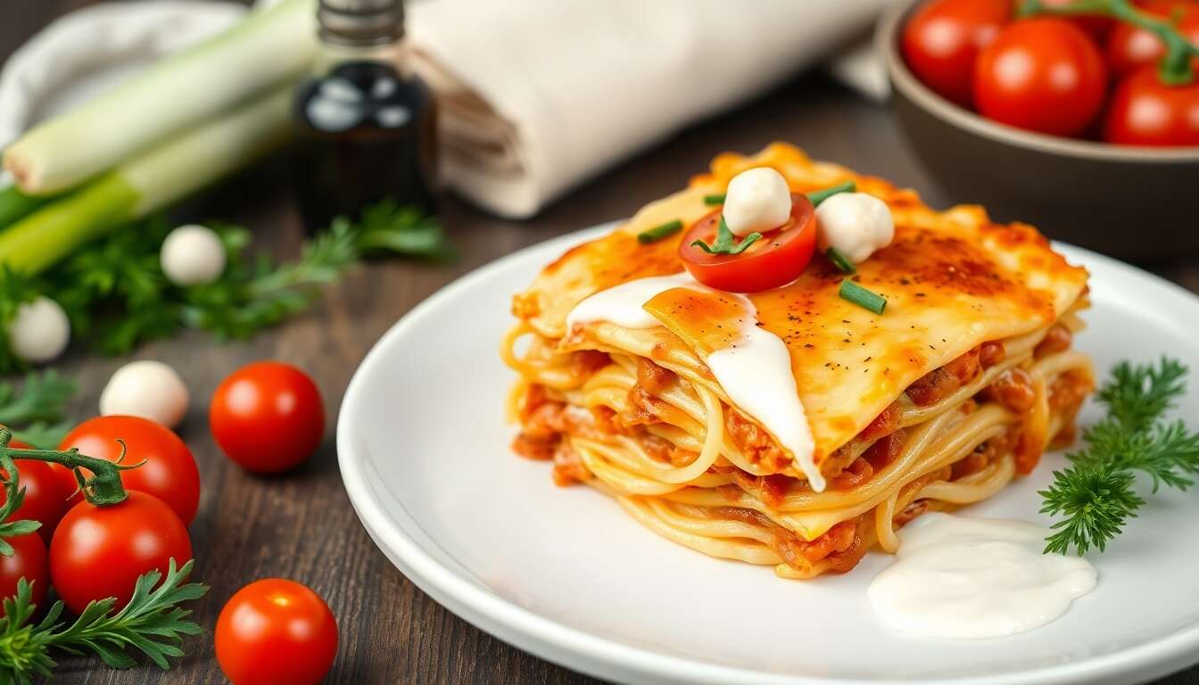 Lasagnes végétales : poireaux, tomates et soja