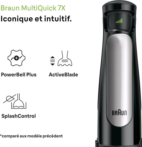 Braun Hogar MultiQuick 7 Blender à Bras, contrôle des sauvures, pièces adaptées au lave-vaisselle, verre en plastique sans BPA 600 ml, hachoir 500 ml, lame pour glace, MQ 7035XBI, 1000 W, noir