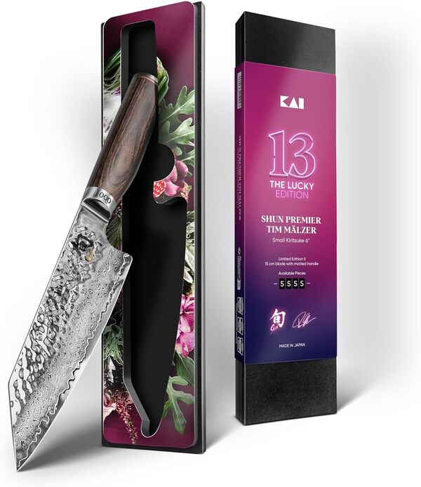 KAI Shun Premier Tim Mälzer Kiritsuke 15 cm Couteau de Chef Japonais Édition Limitée - couteau Damas poli brillant 32 couches - petit couteau de cuisine en acier VG MAX finition martelée