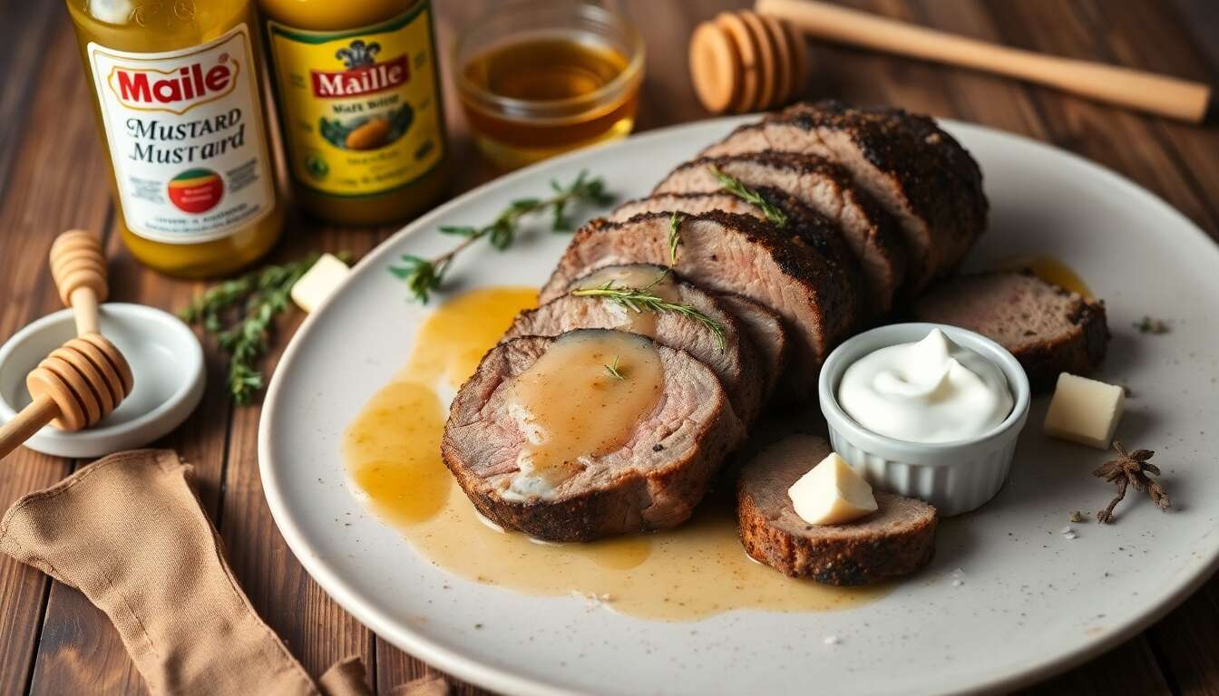 Filet de bœuf sauce moutarde Maille, vin blanc et miel
