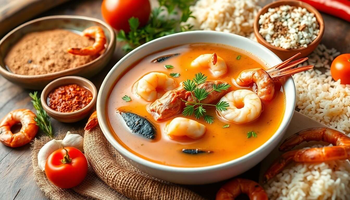 Soupe de poisson savoureuse aux crevettes et langoustines