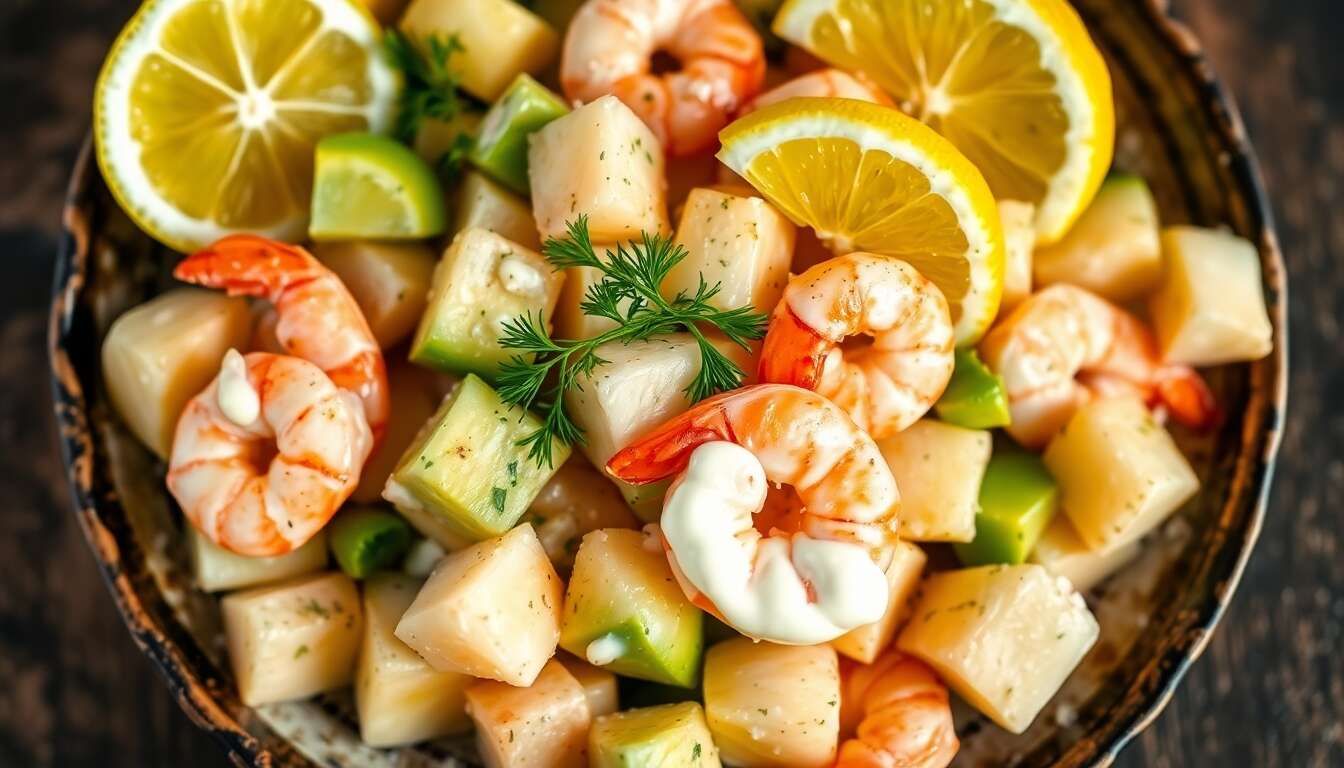 Salade de pommes de terre, avocat et crevettes : recette fraîcheur