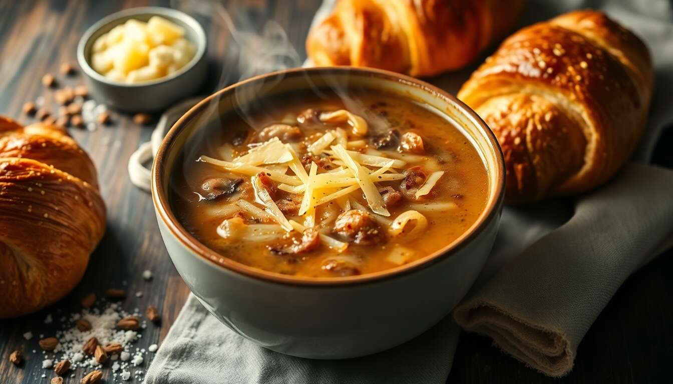 Soupe à l'oignon gratinée : recette gourmande aux croissants grillés