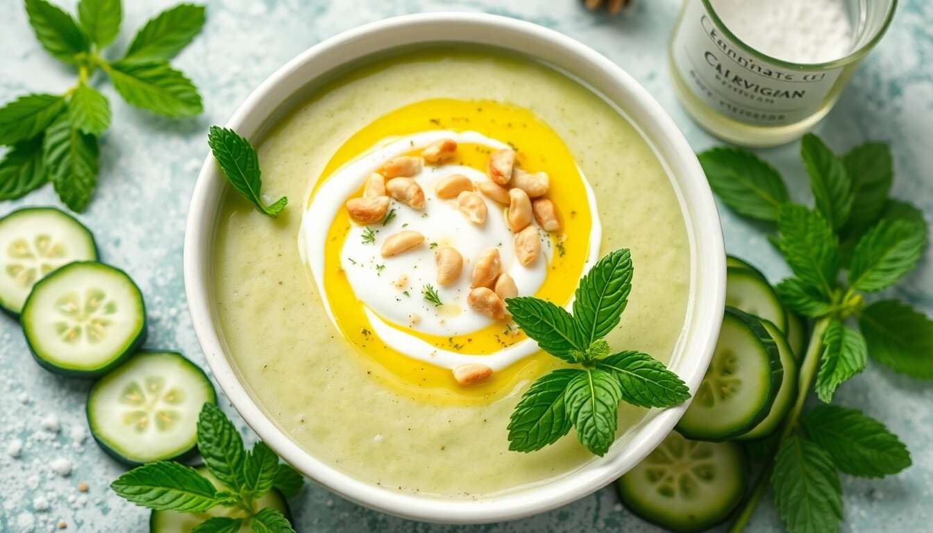 Soupe glacée de concombres aux pignons : recette rafraîchissante