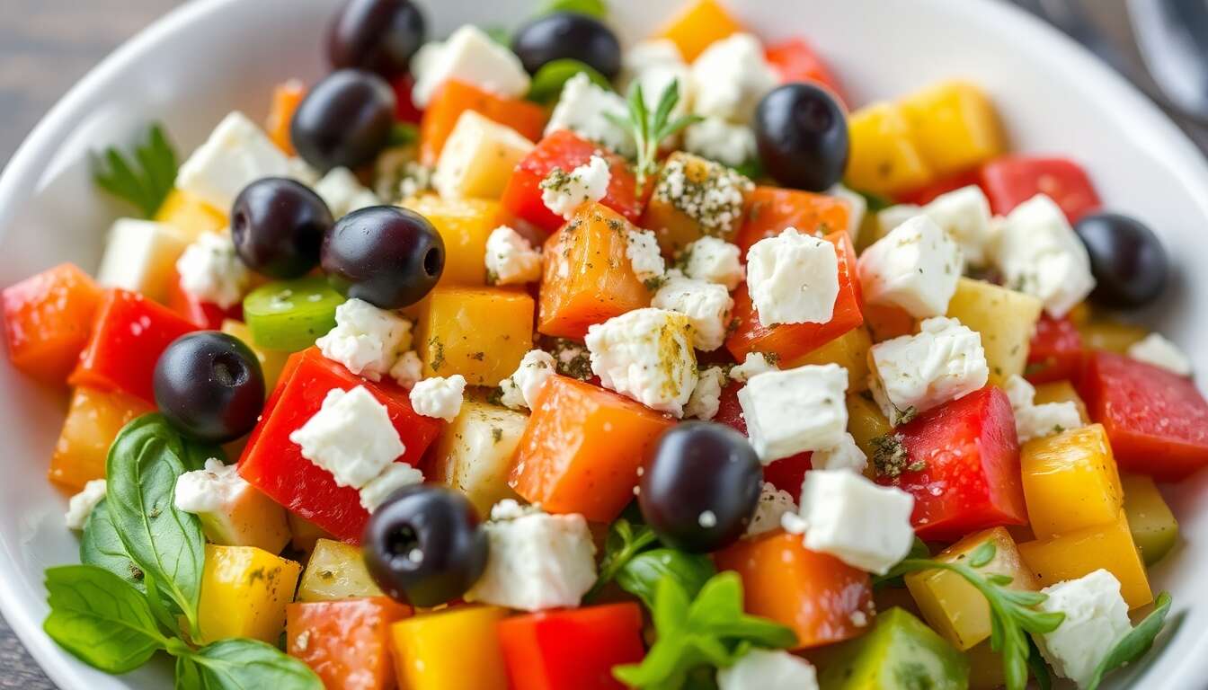 Salade grecque aux petits légumes : recette facile et savoureuse