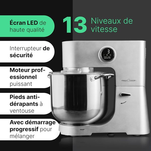 Profi Cook Robot de cuisine avec bol XXL de 12 L | Pétrin avec moteur Longlife Pro de 2500W | Boîte de vitesses en métal et écran LED | Robot culinaire pour jusqu'à 8,5 kg de pâte | PC KM 1254