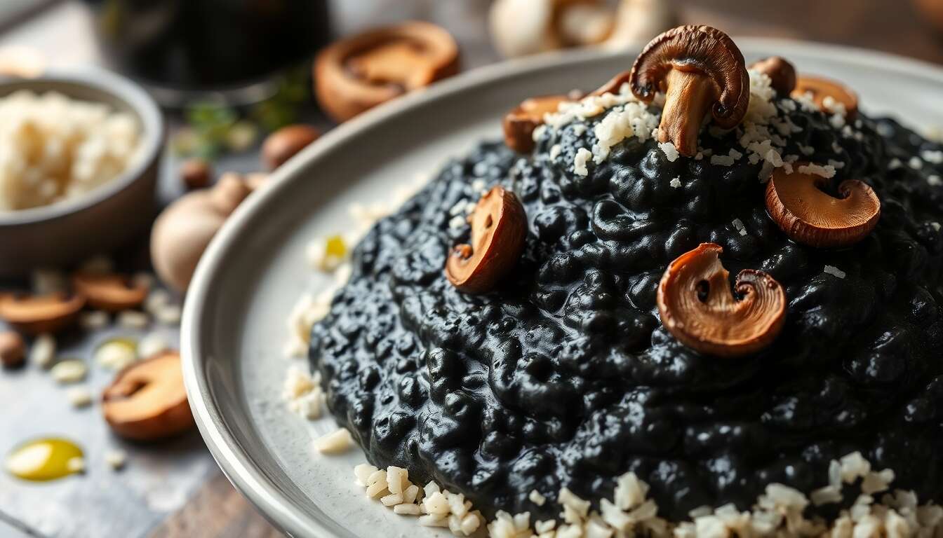 Risotto noir aux champignons et encre de seiche : une recette gourmande et mystérieuse