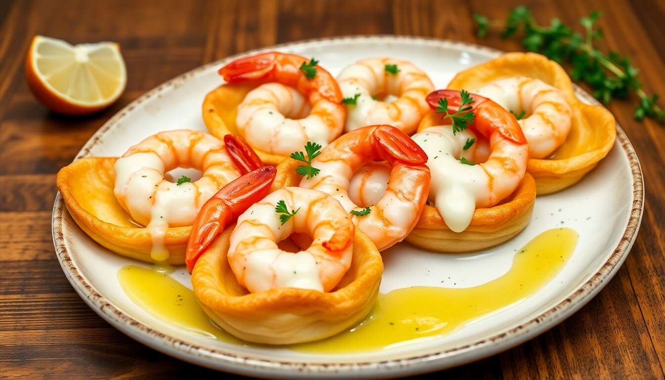 Tartelettes aux gambas : recette à la crème d'ail doux