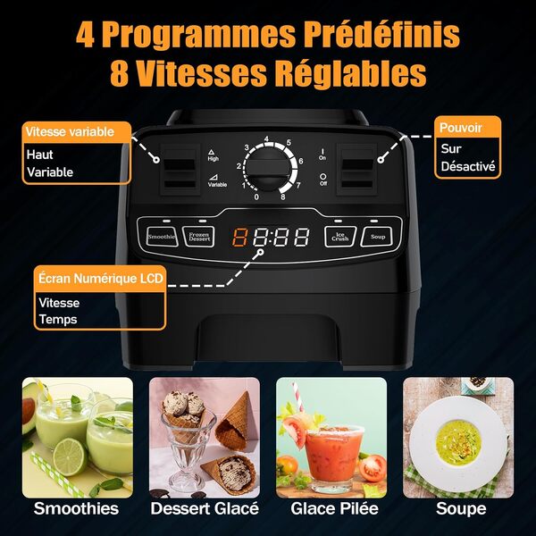 Enfmay Blender 2000W, Mixeur Blender avec Fonction Pulse et Nettoyage Automatique, Envase Libre de BPA de 2L, 4 Programmes Prédéfinis 8 Vitesses, Mixer Blender Puissant pour Smoothies Légumes Fruits