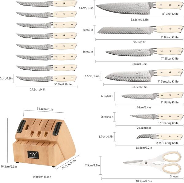 Ensemble de Couteaux de Cuisine NANFANG BROTHERS en Acier Damassé de 19 Pièces avec Bloc. Ensemble de Couteaux de Chef VG10 avec Aiguiseur et Ciseaux, le Tout dans une Magnifique Boîte Cadeau