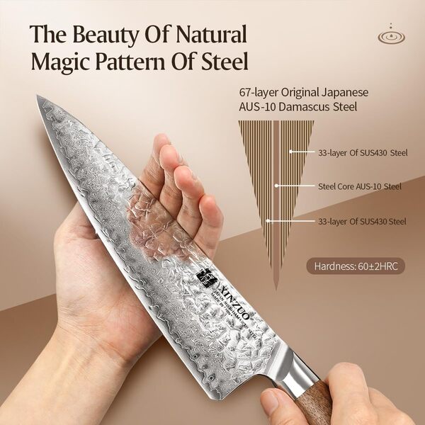 XINZUO AUS-10 Damas en Acier Ensemble de Couteaux 8 Pièces -Professionnel Set Couteau de Chef -Poignée en Bois de Noyer Noir -Bloc à Couteaux Ciseaux de Cuisine et Fusil à Aiguiser Acier