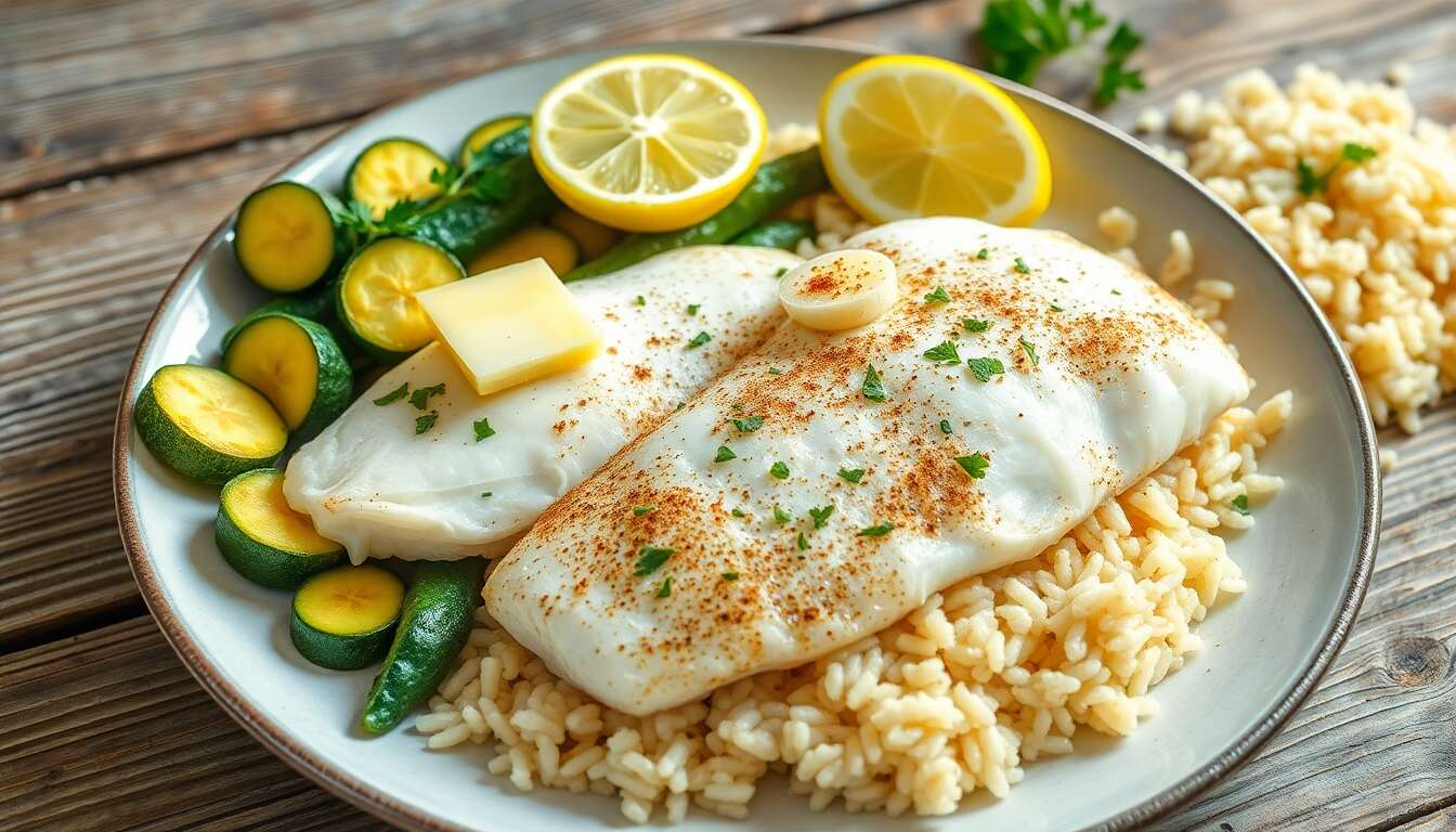 Poisson blanc au beurre meunière : recette délicieuse avec courgettes sautées et riz pilaf