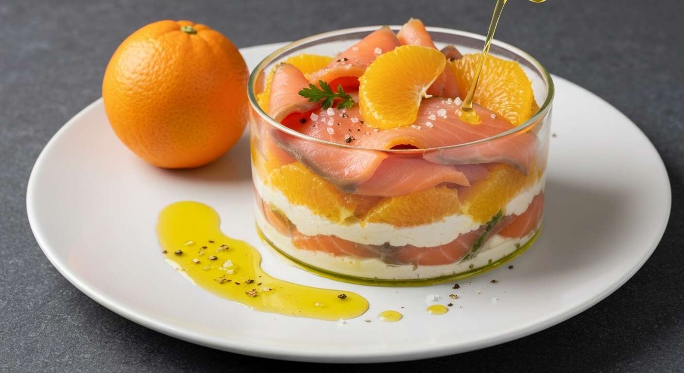Verrine de crème de topinambours, suprêmes d'orange et poisson fumé