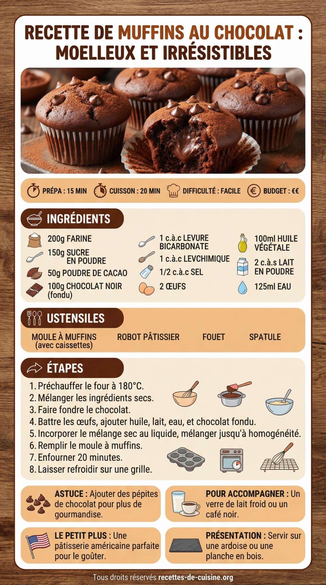 infographie de la recette Recette de muffins au chocolat : moelleux et irr&eacute;sistibles
