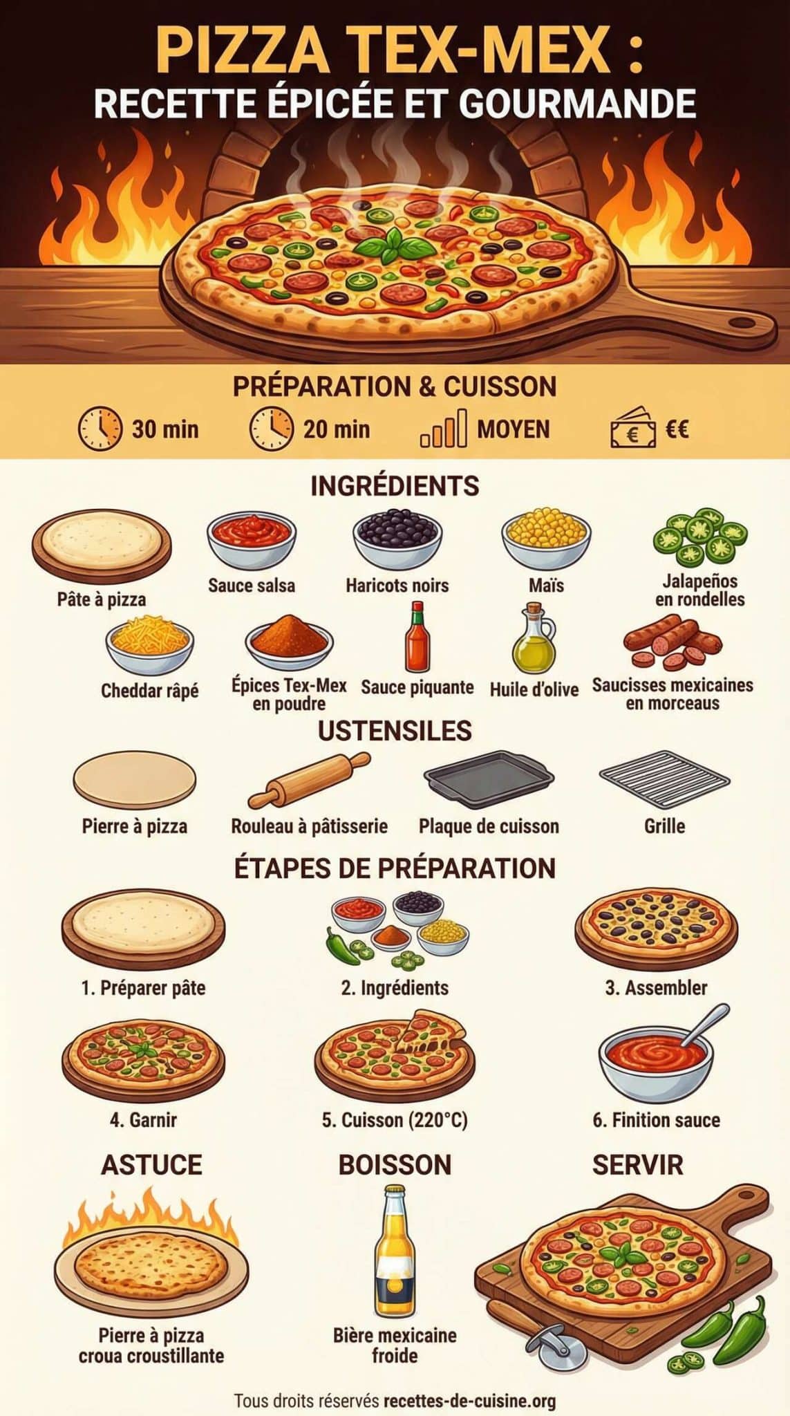 Infographie de la recette Pizza Tex-Mex : recette &eacute;pic&eacute;e et gourmande