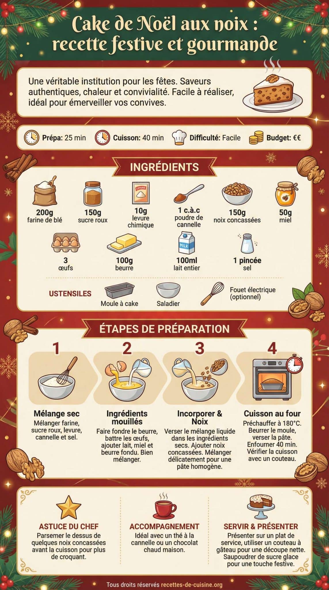 Infographie de la recette Cake de No&euml;l aux noix : recette festive et gourmande