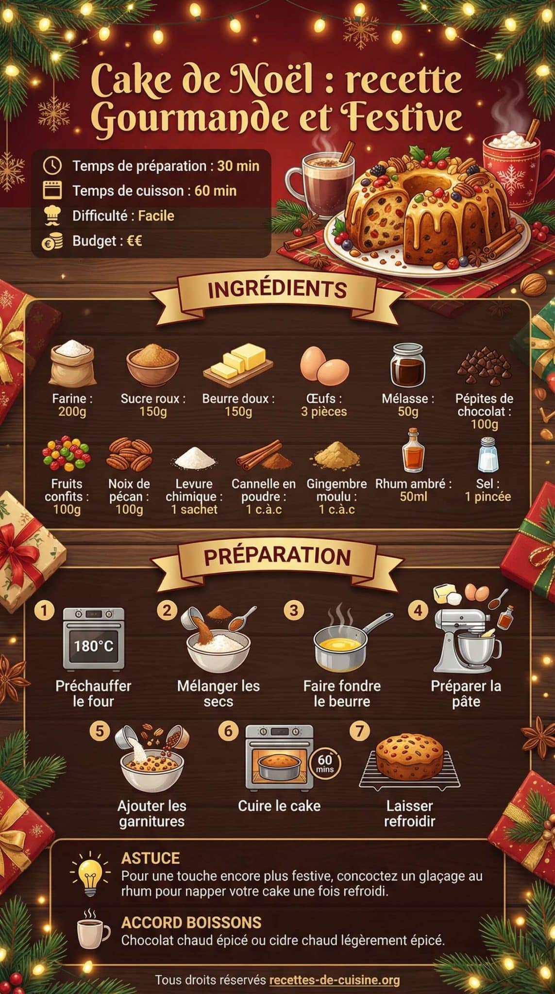 Infographie de la recette Cake de No&euml;l : recette Gourmande et Festive