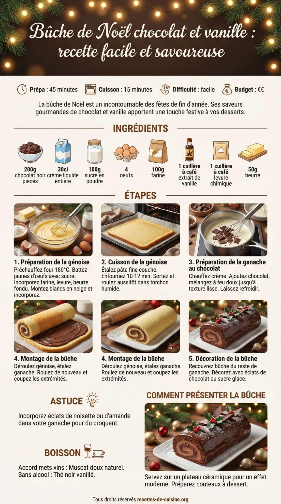 Infographie de la recette Bûche de Noël chocolat et vanille : recette facile et savoureuse Infographie de la recette Bûche de Noël chocolat et vanille : recette facile et savoureuse