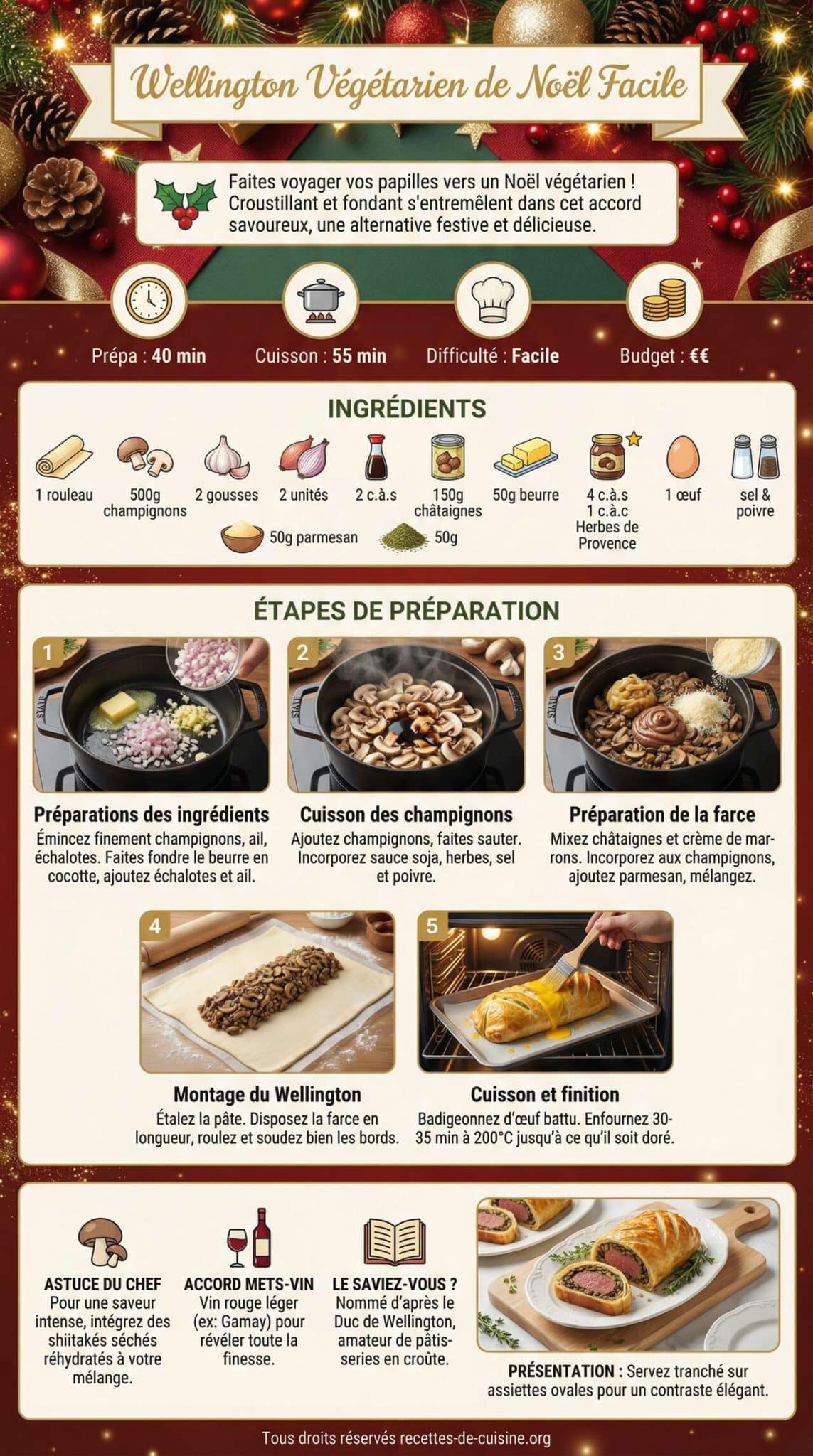 Infographie de la recette Wellington v&eacute;g&eacute;tarien de No&euml;l facile : recette savoureuse et festive