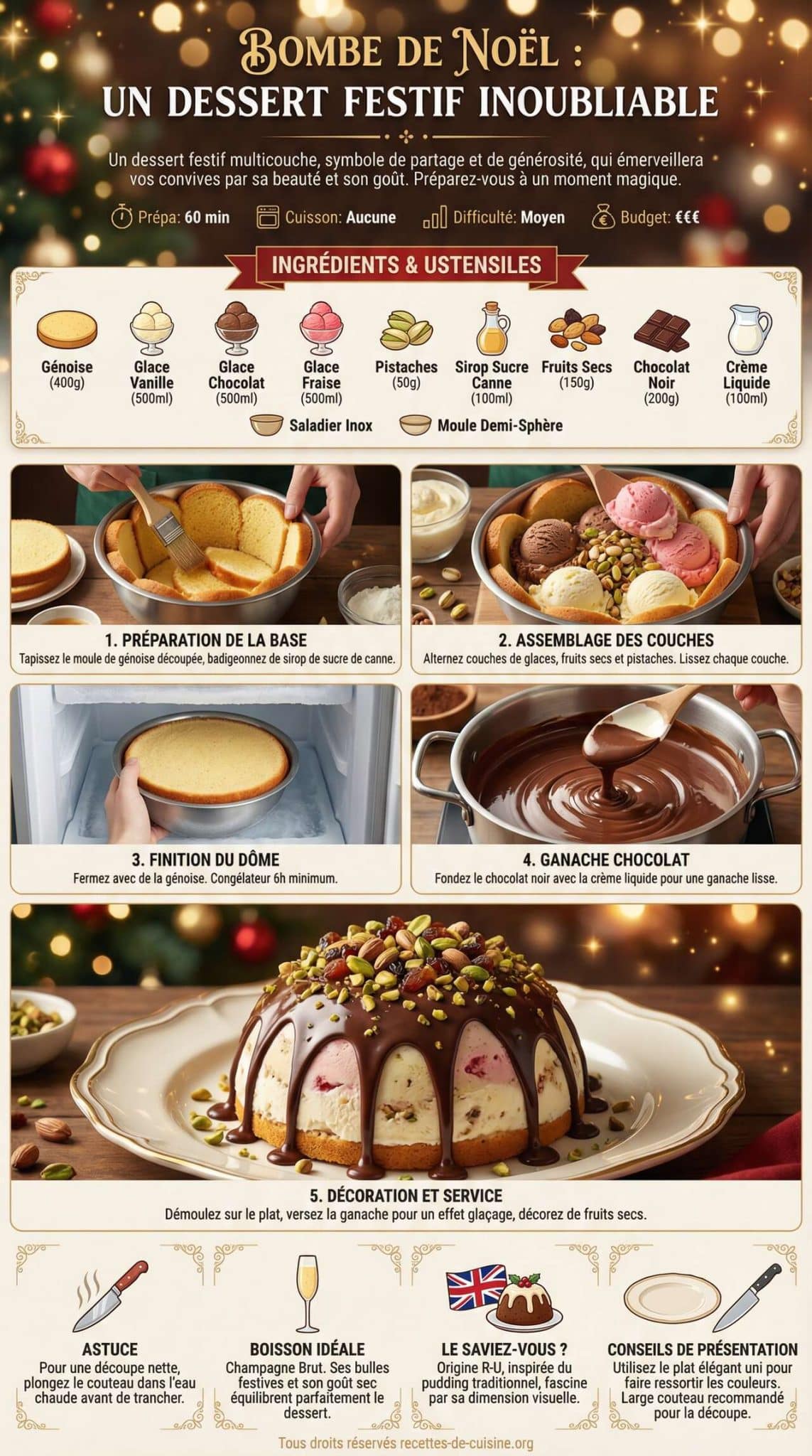 Fiche recette Recette Bombe de No&euml;l : un dessert festif inoubliable