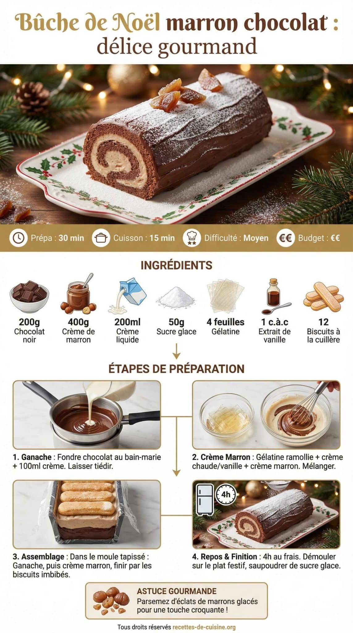 Fiche recette B&ucirc;che de No&euml;l marron chocolat : d&eacute;lice gourmand