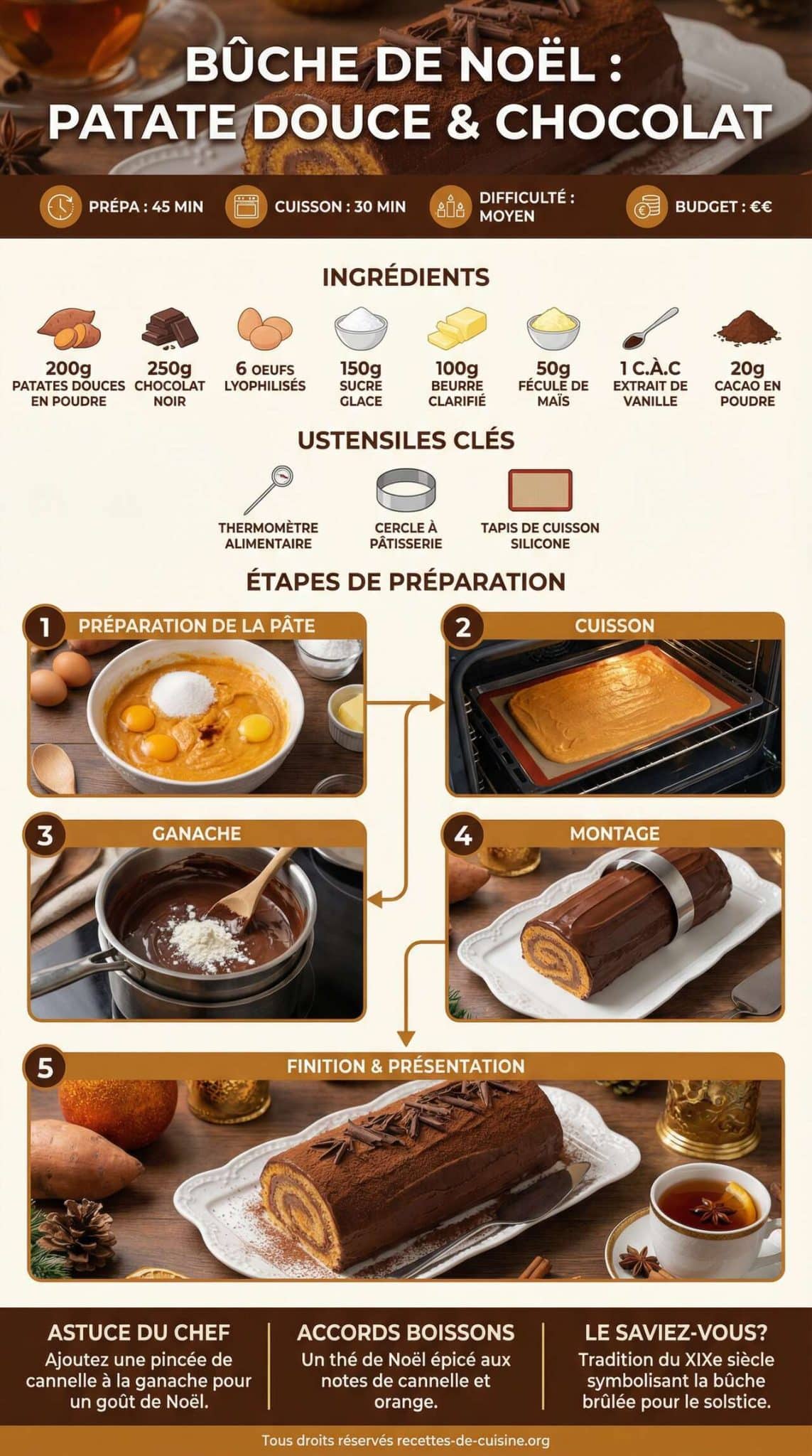 Fiche recette B&ucirc;che de No&euml;l : recette &agrave; la patate douce et chocolat