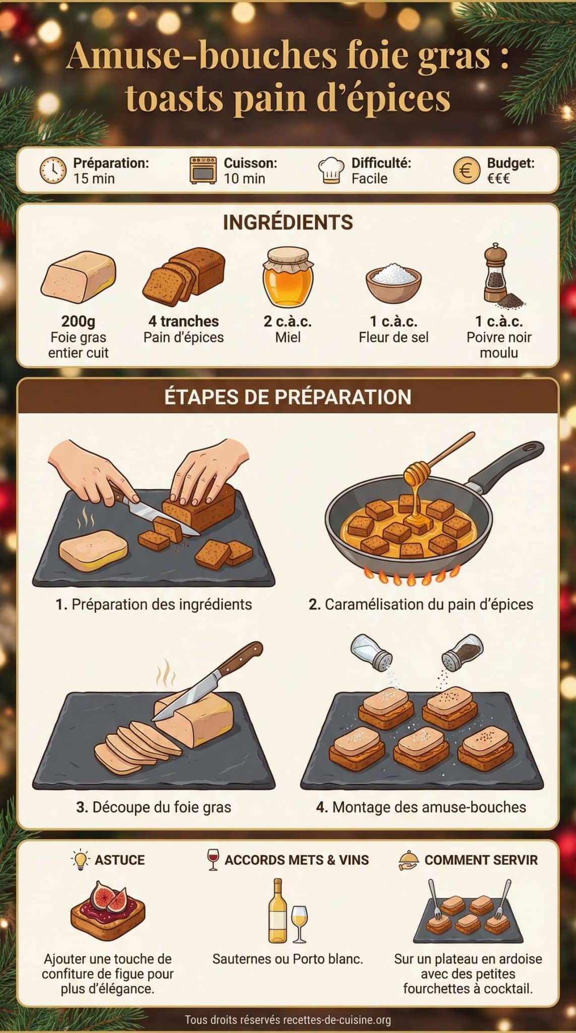 Fiche recette Amuse-bouches foie gras : toasts pain d'épices Fiche recette Amuse-bouches foie gras : toasts pain d'épices