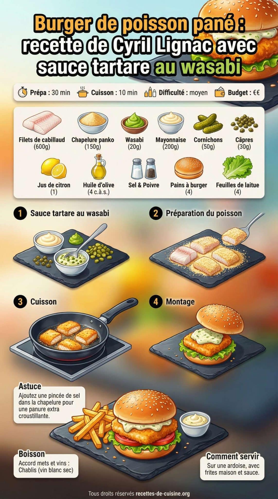 Fiche recette Burger de poisson pan&eacute; : recette de Cyril Lignac avec sauce tartare au wasabi