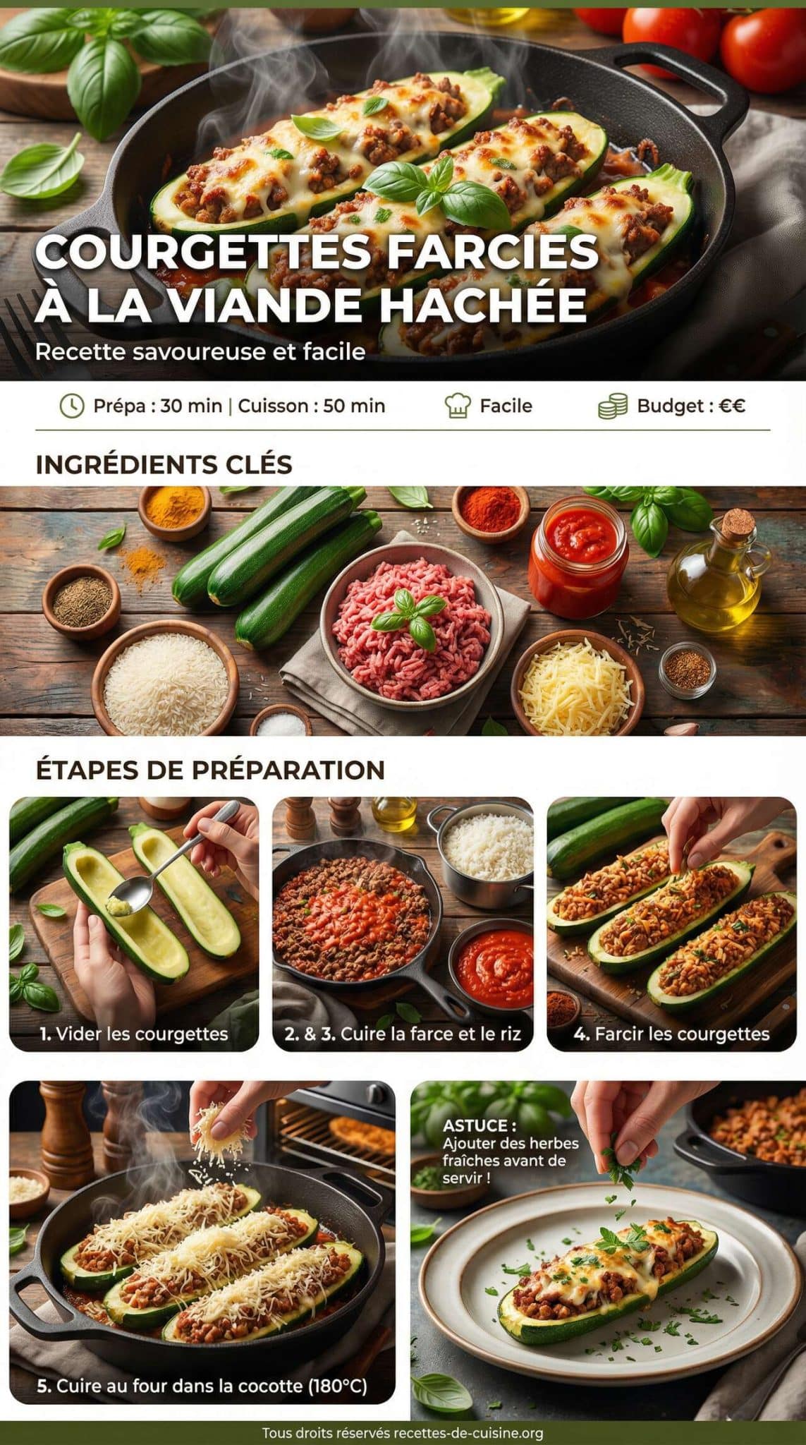 Fiche recette Courgettes farcies &agrave; la viande hach&eacute;e : recette savoureuse et facile