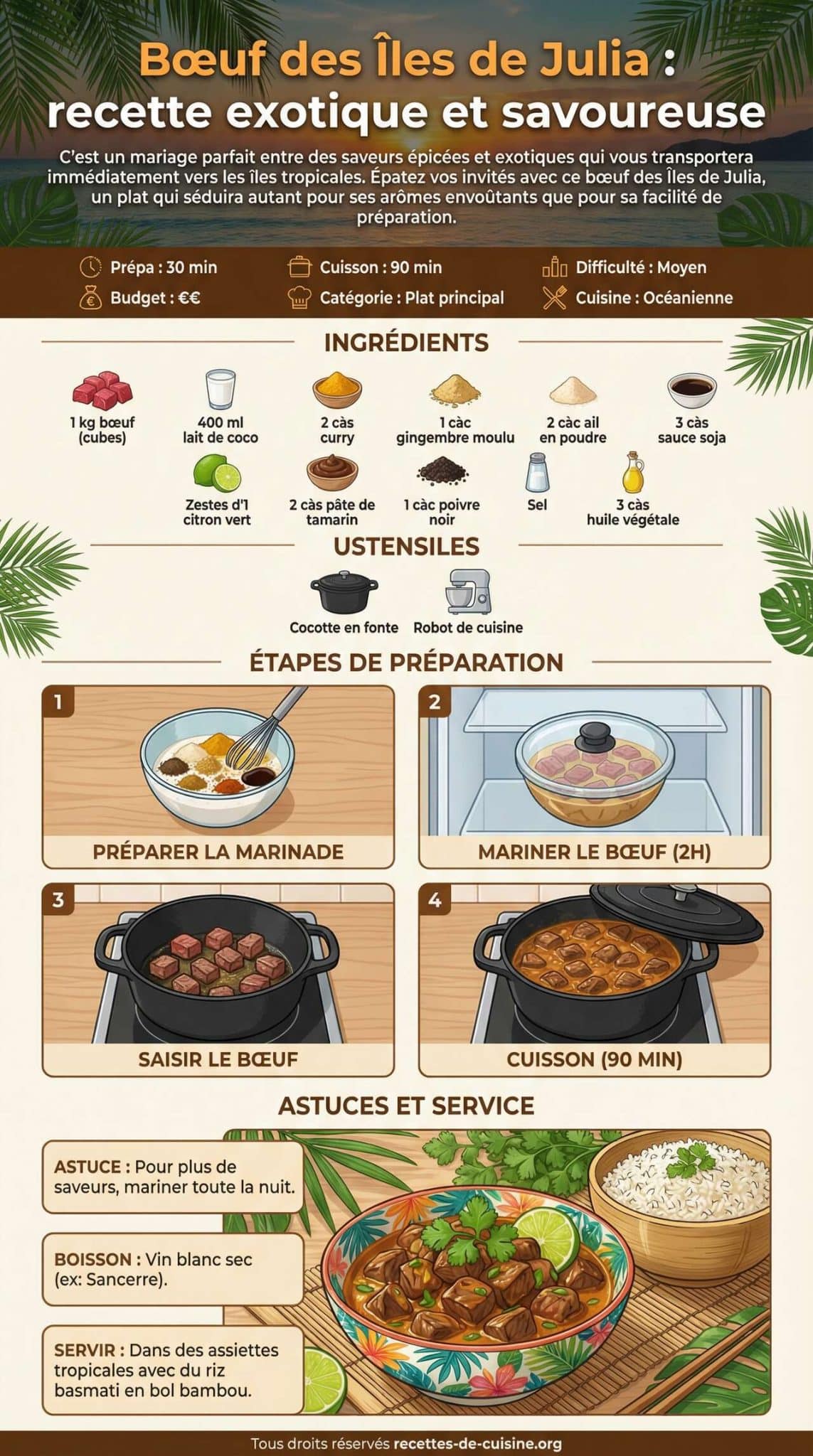 Fiche recette Bœuf des Îles de Julia : recette exotique et savoureuse Fiche recette Bœuf des Îles de Julia : recette exotique et savoureuse