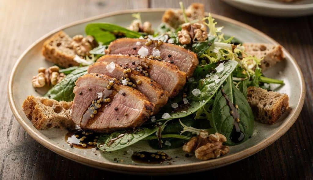 Salade aux filets de pigeon, croûtons et noix : recette gourmande
