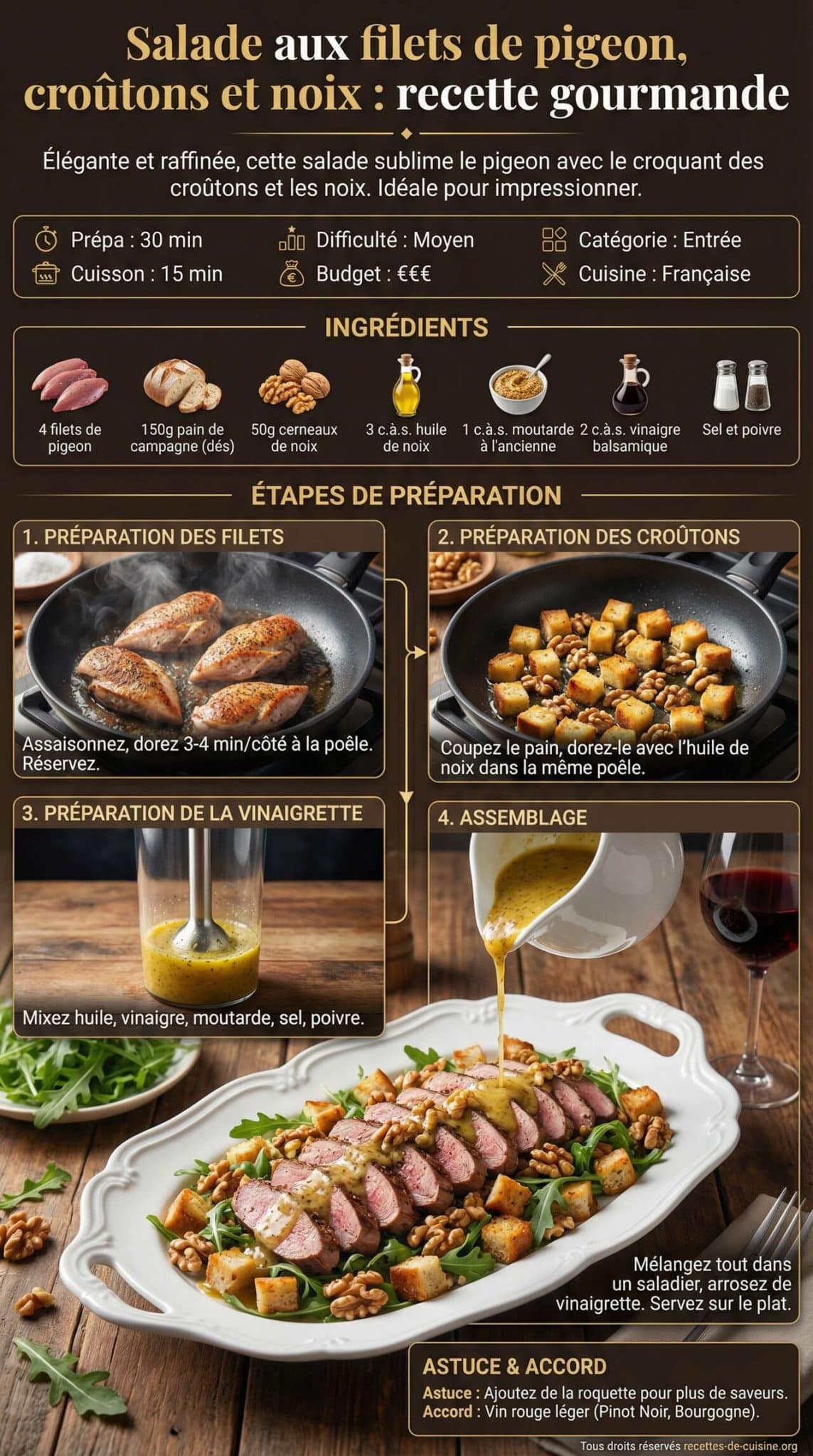 Fiche recette Salade aux filets de pigeon, cro&ucirc;tons et noix : recette gourmande