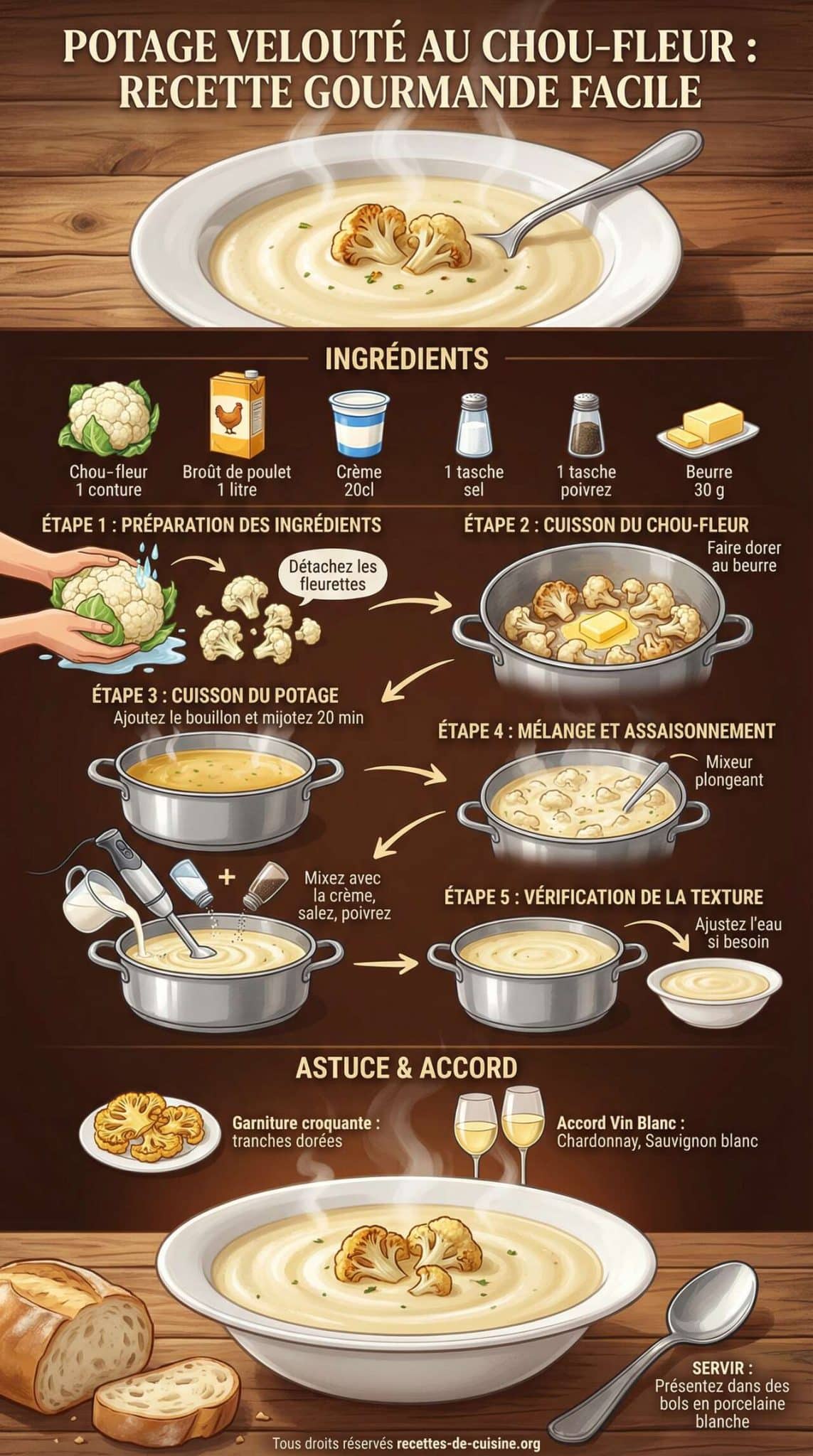 Fiche recette Potage velout&eacute; au chou-fleur : recette gourmande facile