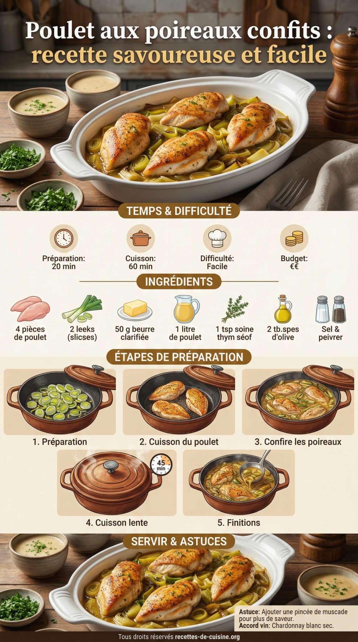 Fiche recette Poulet aux poireaux confits : recette savoureuse et facile