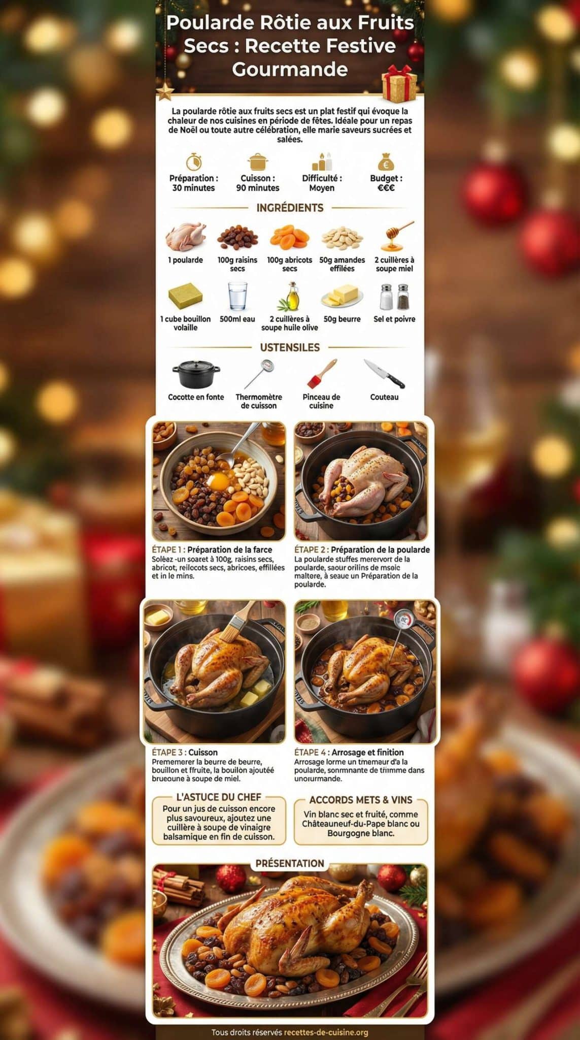 Fiche recette Poularde r&ocirc;tie aux fruits secs : recette festive gourmande