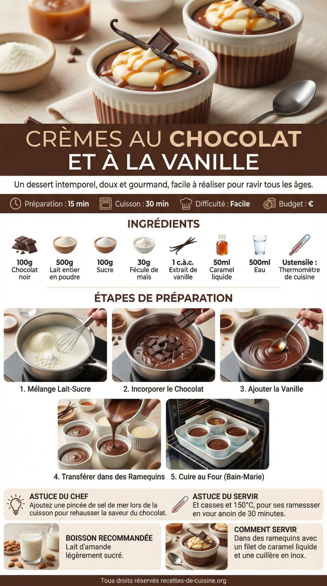 Fiche recette Cr&egrave;mes au chocolat et &agrave; la vanille : recette gourmande et facile