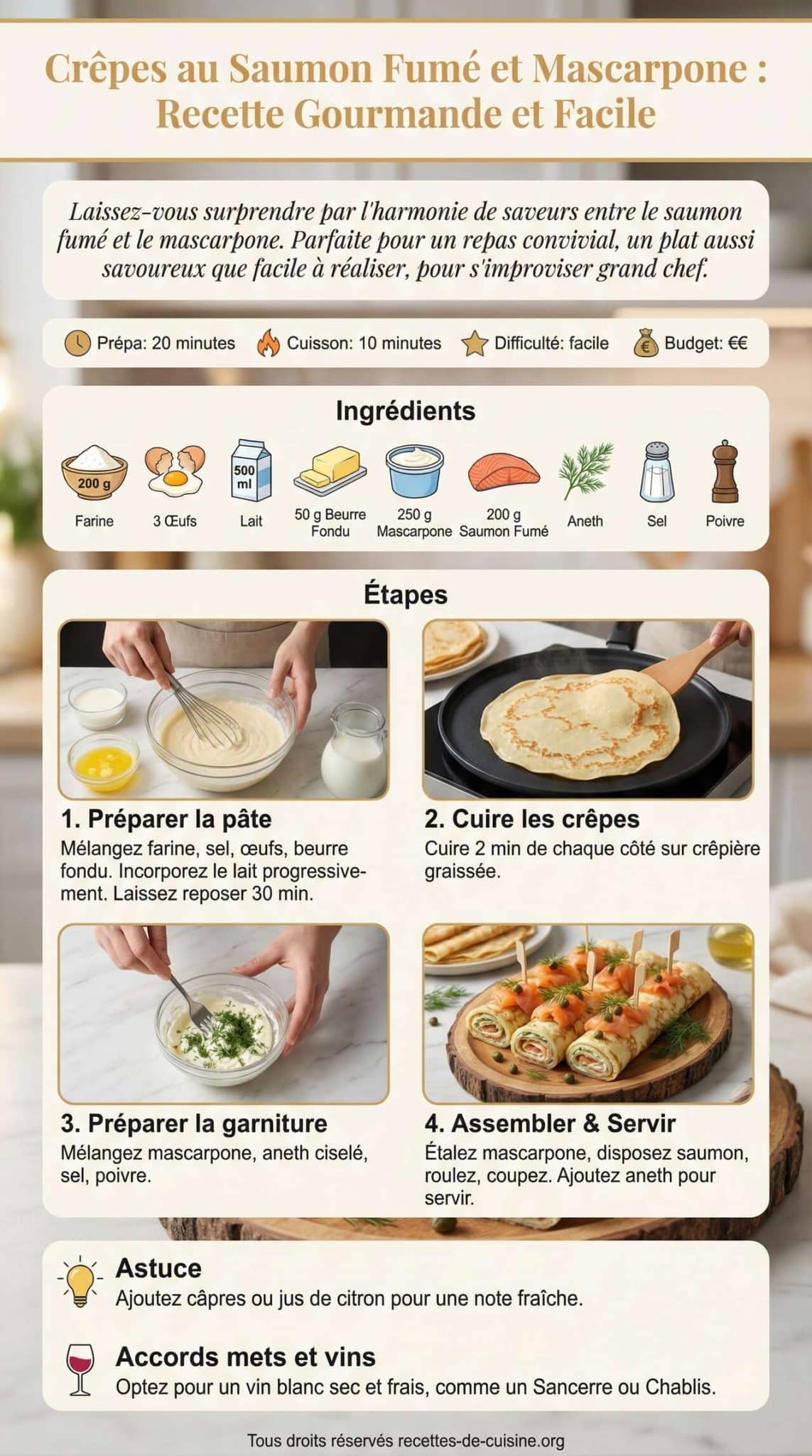 Fiche recette Cr&ecirc;pes au saumon fum&eacute; et mascarpone : recette gourmande et facile