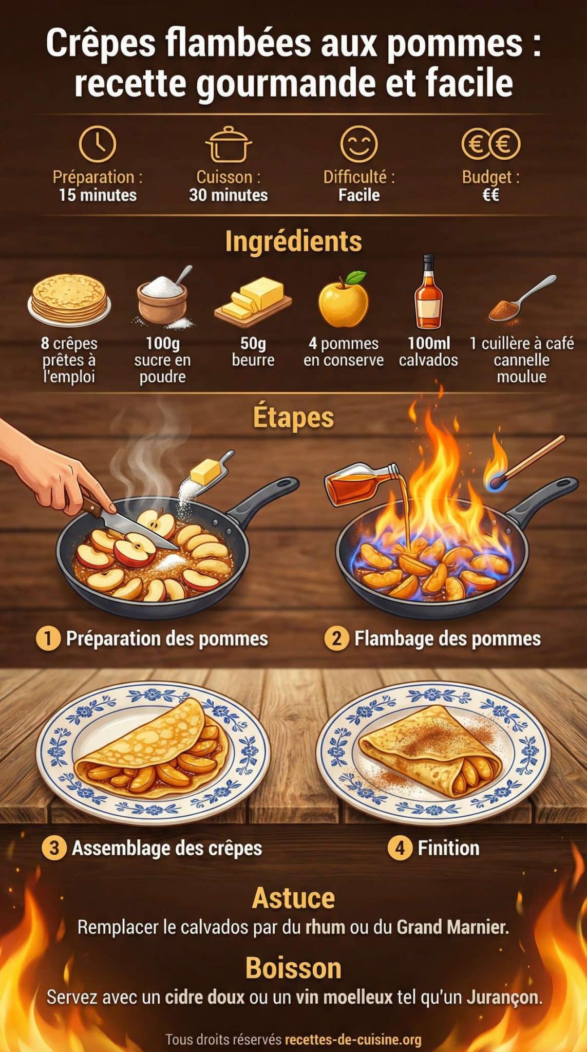 Fiche recette Cr&ecirc;pes flamb&eacute;es aux pommes : recette gourmande et facile