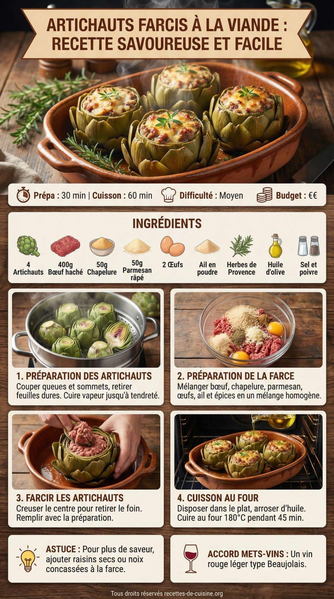 Fiche recette Artichauts farcis &agrave; la viande : recette savoureuse et facile