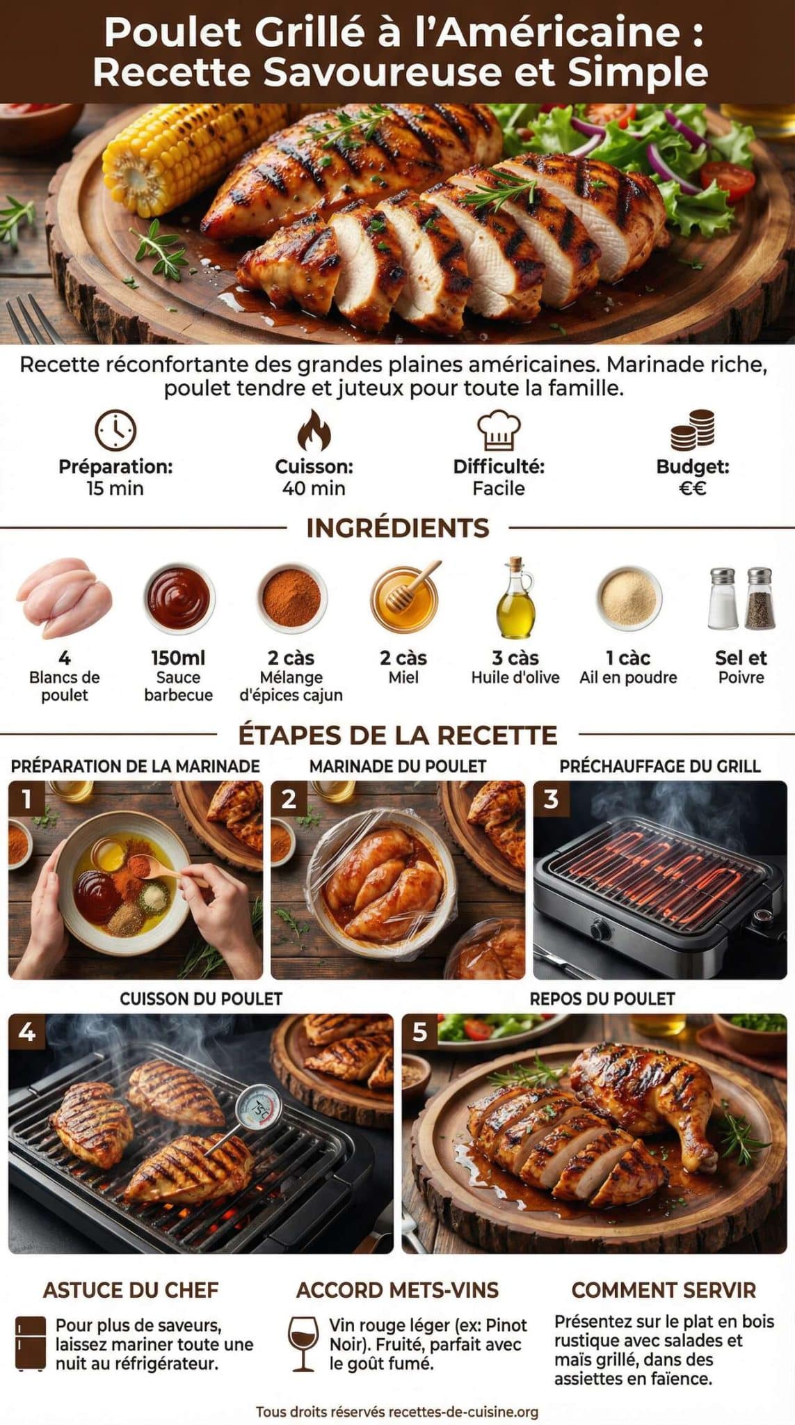 Fiche recette Poulet grill&eacute; &agrave; l'am&eacute;ricaine : recette savoureuse et simple