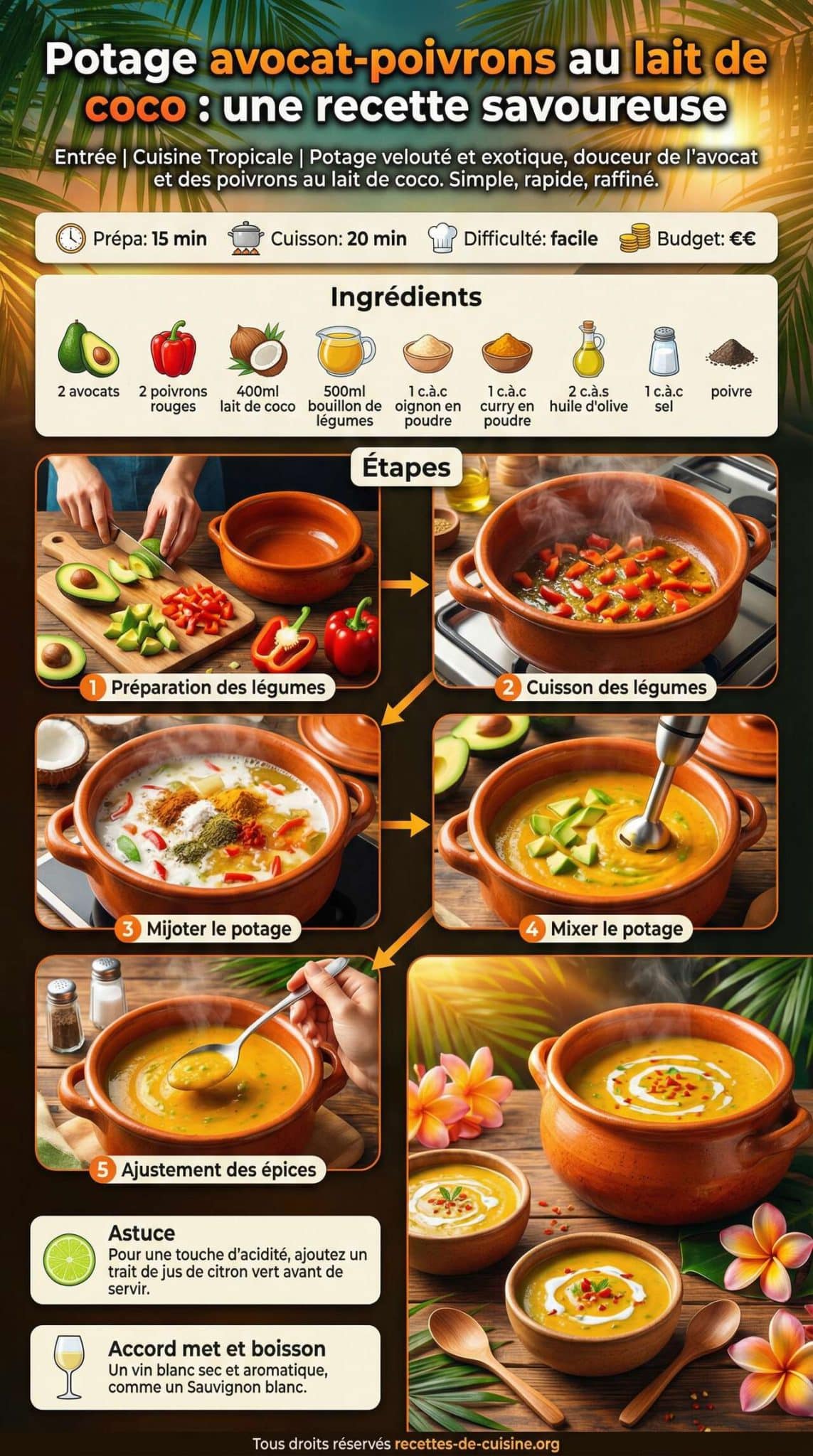 Fiche recette Potage avocat-poivrons au lait de coco : une recette savoureuse