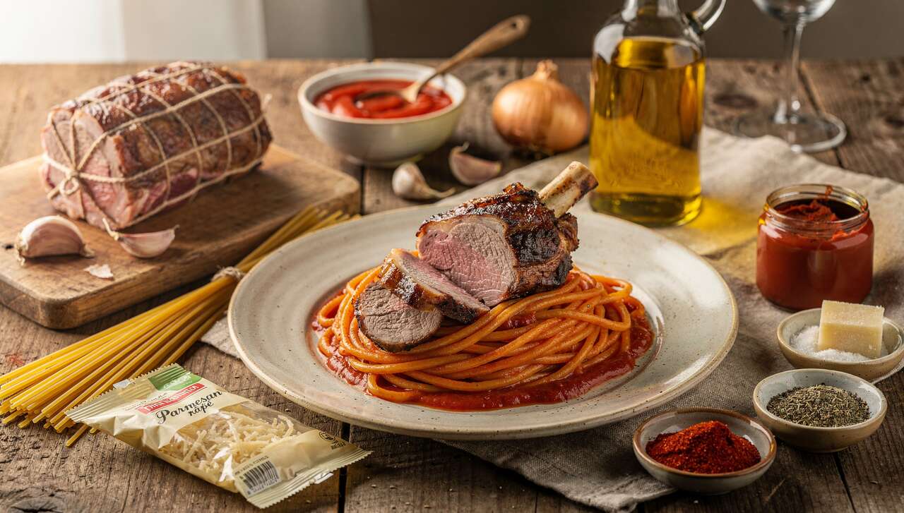 Recette de gigot d'agneau aux tomates, ail et spaghettis