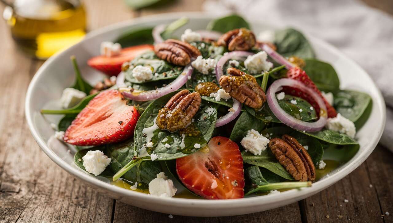 Recette de salade d'épinards aux fraises fraîche et gourmande