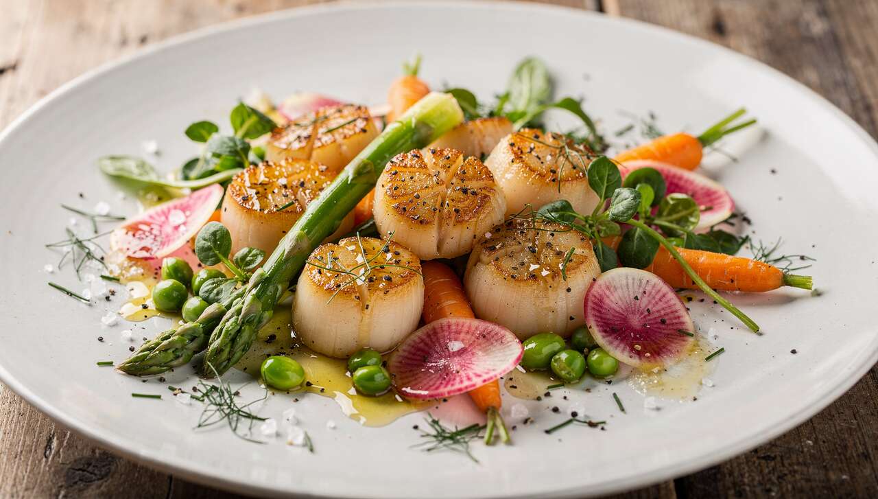 Recette de salade tiède de Saint-Jacques aux légumes nouveaux