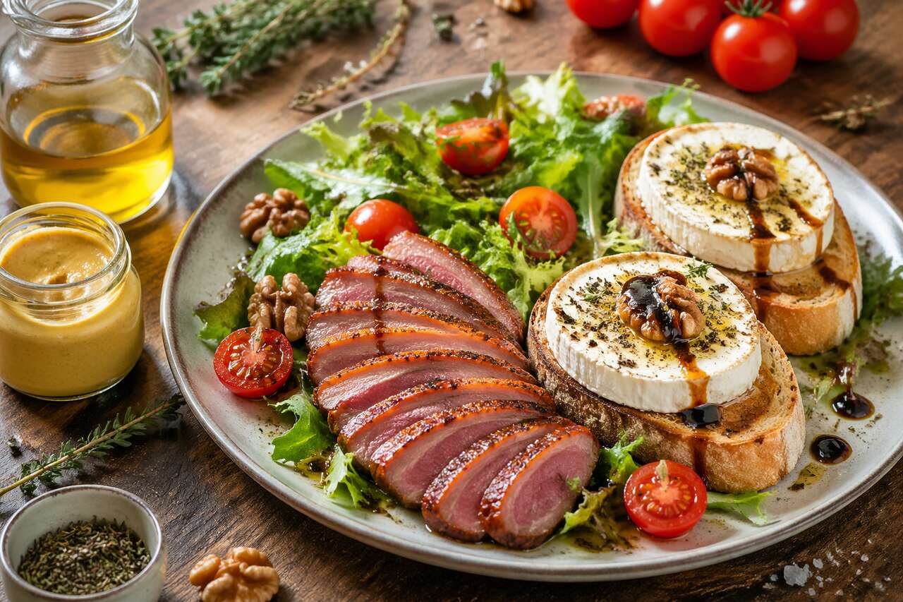 Recette de salade au magret grillé et chèvre chaud