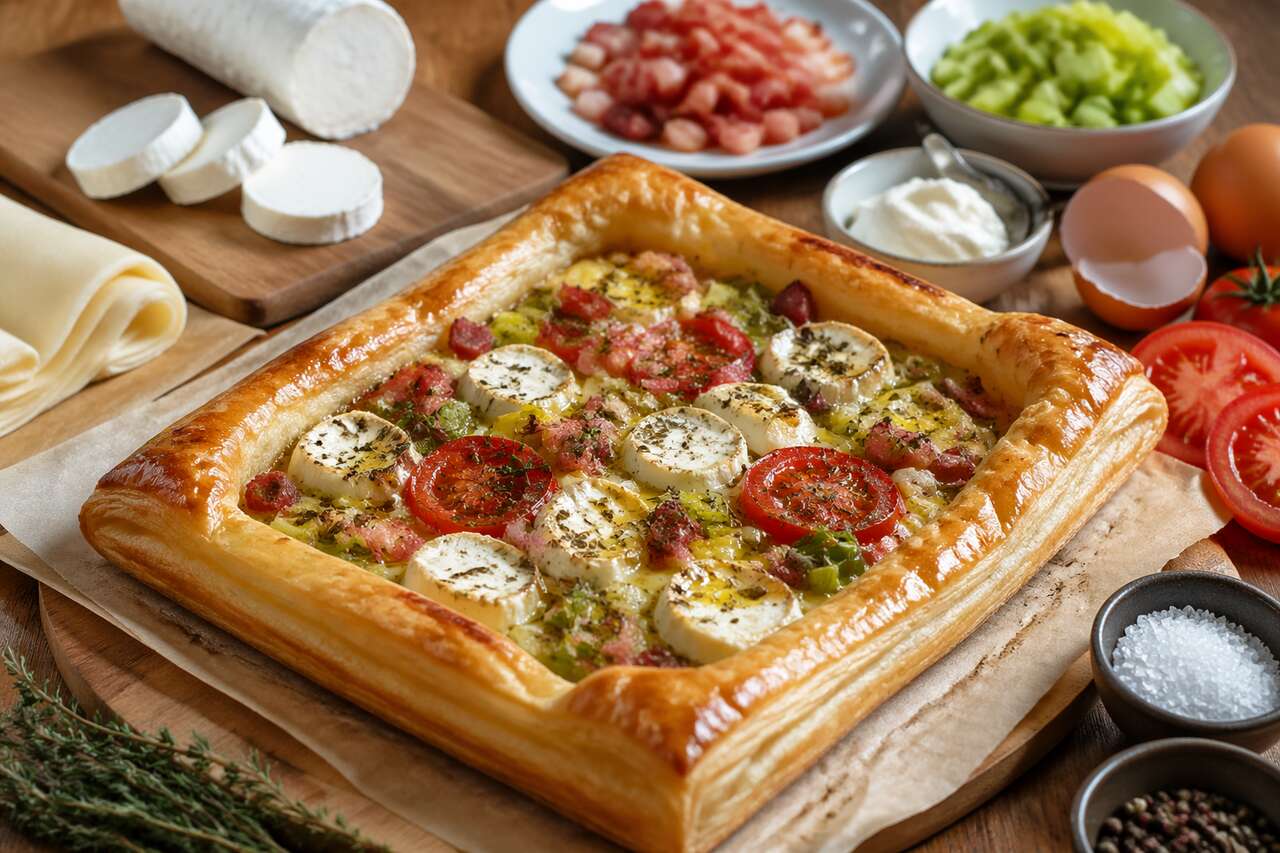 Feuilleté au chèvre, lardons, tomate et poireaux : la recette gourmande et facile