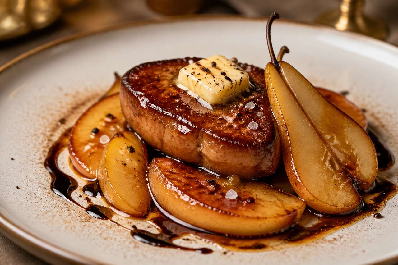 Escalope de foie gras poêlée aux fruits des vergers et au sirop de Liège